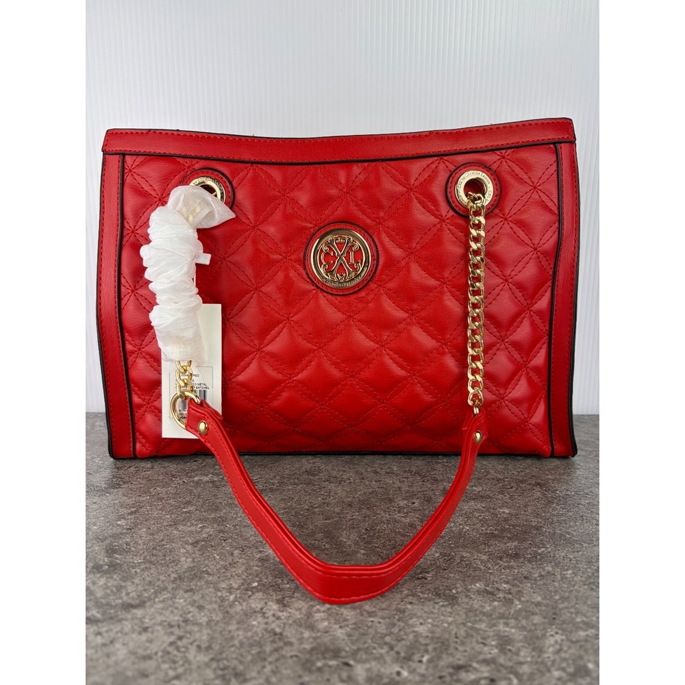 CXL Christian Lacroix Luxe Quilted Red Satchel Gold Chain Handbag Purse Parisian